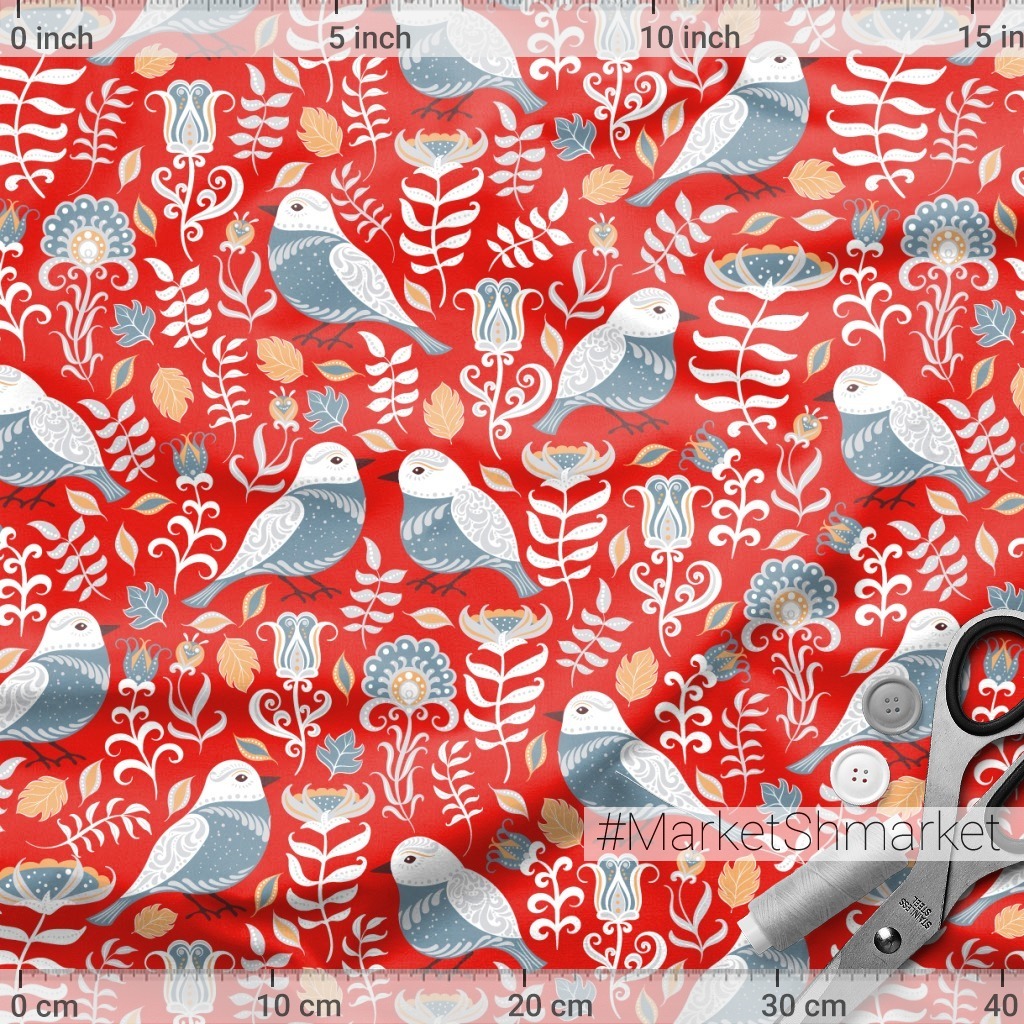 Серые птицы с орнаментами на красном фоне (Дизайнер Irina Skaska)