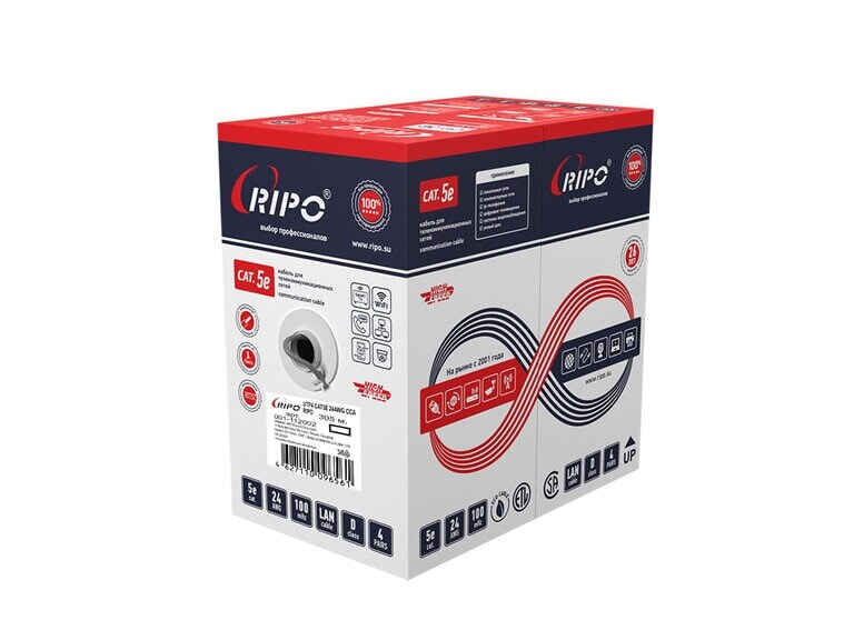 Кабель Витая Пара UTP 4 CAT 5E 24 AWG CCA RIPO (Рипо) 305 М.