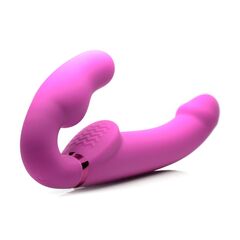 Розовый безремневой страпон с вибрацией и функцией расширения Inflatable Ergo-Fit Strapless Strap-On - 