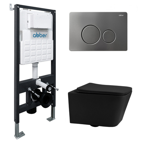 Abber AC1201MB-AC0105-AC0121MCH Комплект подвесной унитаз Abber Rechteck AC1201MB черный матовый с инсталляцией AC0105 и кнопкой AC0121MCH матовый хром