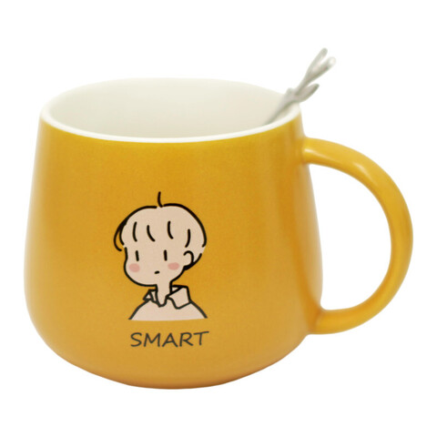 Керамическая кружка с крышкой и ложкой, желтый, 350 мл