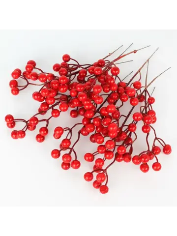 Ягоды красные искусственные на ветке, гроздь 24 см., 8-15 мм., набор 10 шт