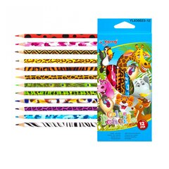 Карандаши цветные Yalong 12 цв., "ZOO. Зоопарк" деревянные, шестигранные, заточенные, дизайн на корпусе, грифель 2.8 мм, картон. уп., европодвес