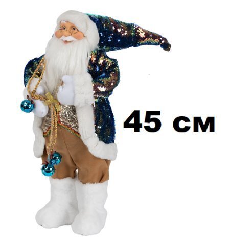 Дед Мороз 45см в костюме с 2-х сторонними сине-зол паетками, в пакете 211819