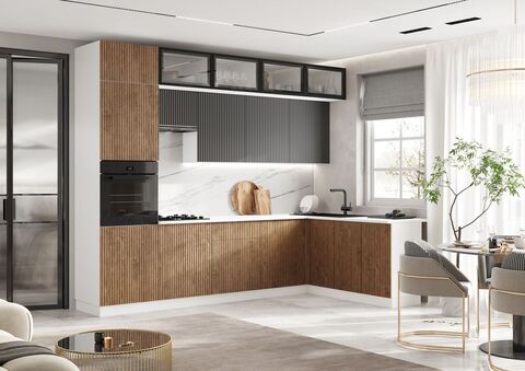 Кухня Оливия NEW 3,0х1,8/1080м (490) Компоновка №4 (Экзотическое дерево Амазония/Графит софт NEW, Белый (Антарес))