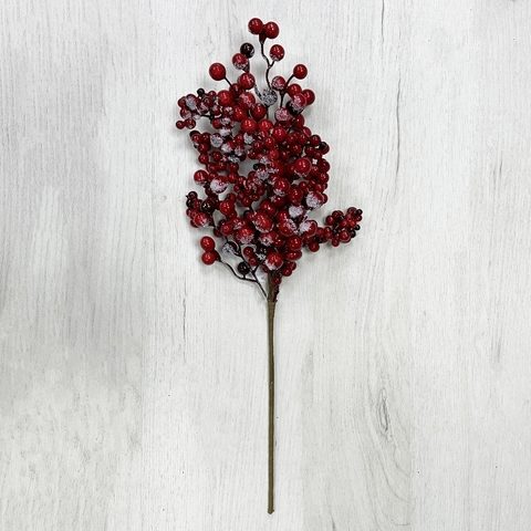 Ветка из красно-бордовых ягод 55см ChristmasDeLuxe заснеженная