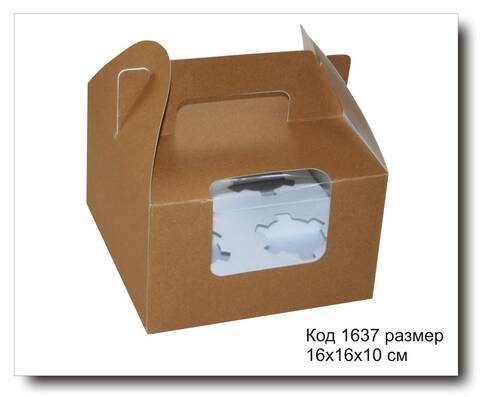 Коробка код 1637 с окном размер 16х16х10 см крафт картон (для кексов)