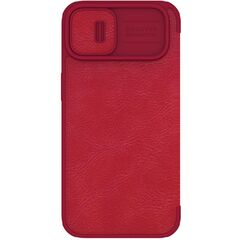 Кожаный чехол книжка красного цвета от Nillkin для iPhone 14 и 13, серия Qin Pro Leather с защитной шторкой для камеры