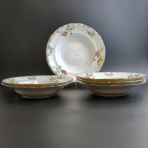 Тарелки суповые набор из 6 штук, фарфор, рисунок розы, золочение, Польша Chodziez, винтаж времен СССР 1964-1990 гг