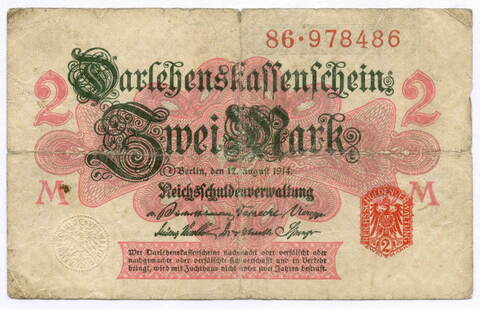 Банкнота Германия 2 марки 1914 год № 86-978486. F