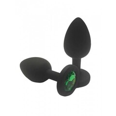 Анальная пробка из чёрного силикона с зелёным кристаллом (размер S)