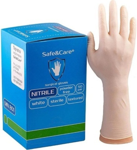 Перчатки Safe&Care Nitrile Chlorinated, нитриловые 3,5 гр., БЕЛЫЕ , 50 пар (100 шт) в уп/ (Малайзия), XS