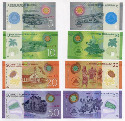 Банкноты Никарагуа 4 шт (5, 10, 20 и 50 кордоба) 2014-2019 гг. UNC (пластик)