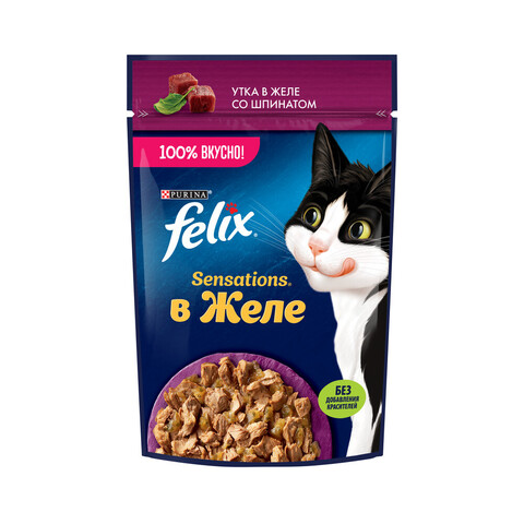 Felix Sensations пауч для взрослых кошек утка,шпинат кусочки в желе 75 г