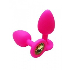 Анальная пробка из розового силикона со светло-жёлтым кристаллом (размер S)