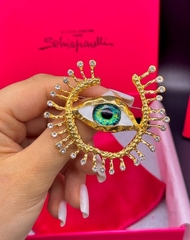 Крупная брошь ГлАЗ (EYE Green) с эмалью в стиле Schiaparelli