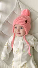 Шапка вязаная на завязках с помпоном (роза)
