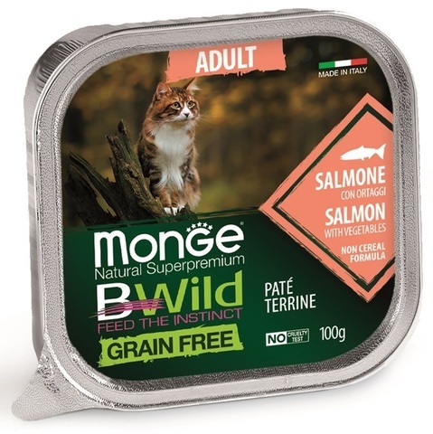 Monge Cat BWild GRAIN FREE беззерновые консервы из лосося с овощами для взрослых кошек 100г