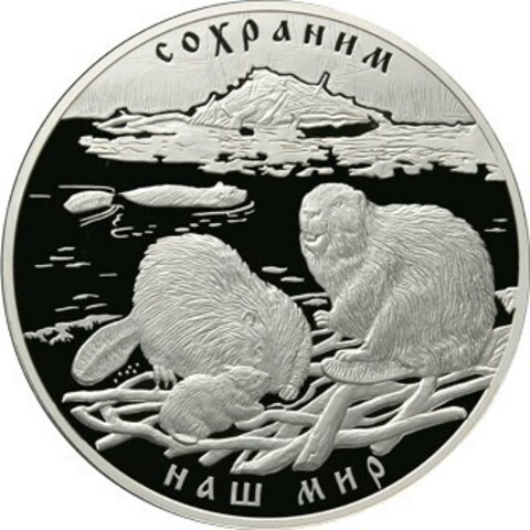 100 рублей. Сохраним наш мир - Речной бобр. 2008 год. Proof. 1 кг