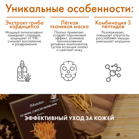 Интенсивно увлажняющая маска для лица с экстрактом кордицепса и комплексом аминокислот THE NATURAL CORDYCEPS MILITARIS MASK moisture, 10 шт