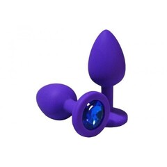 Анальная пробка из фиолетового силикона с синим кристаллом (размер S)