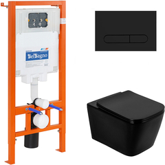 BelBagno BB3202CHR-MB/BB3202SC-MB/BB002-80/BB007-PR-NERO.M Комплект 4 в 1 Унитаз подвесной BelBagno ARDENTE-C BB3202CHR-MB с сиденьем BB3202SC-MB + Система инсталляции для унитазов BelBagno BB002-80 с кнопкой фото