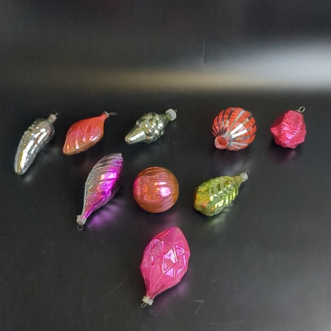 Ёлочные игрушки набор из 9 разных штук, стекло, подвесные, ручная роспись, винтаж СССР 1970-1990 гг