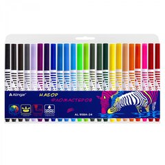 
          Фломастеры, 24 цв, Alingar, смываемые чернила, корпус круглый, "Зебра", вентилируемый колпачок, упаковка ПВХ, европодвес