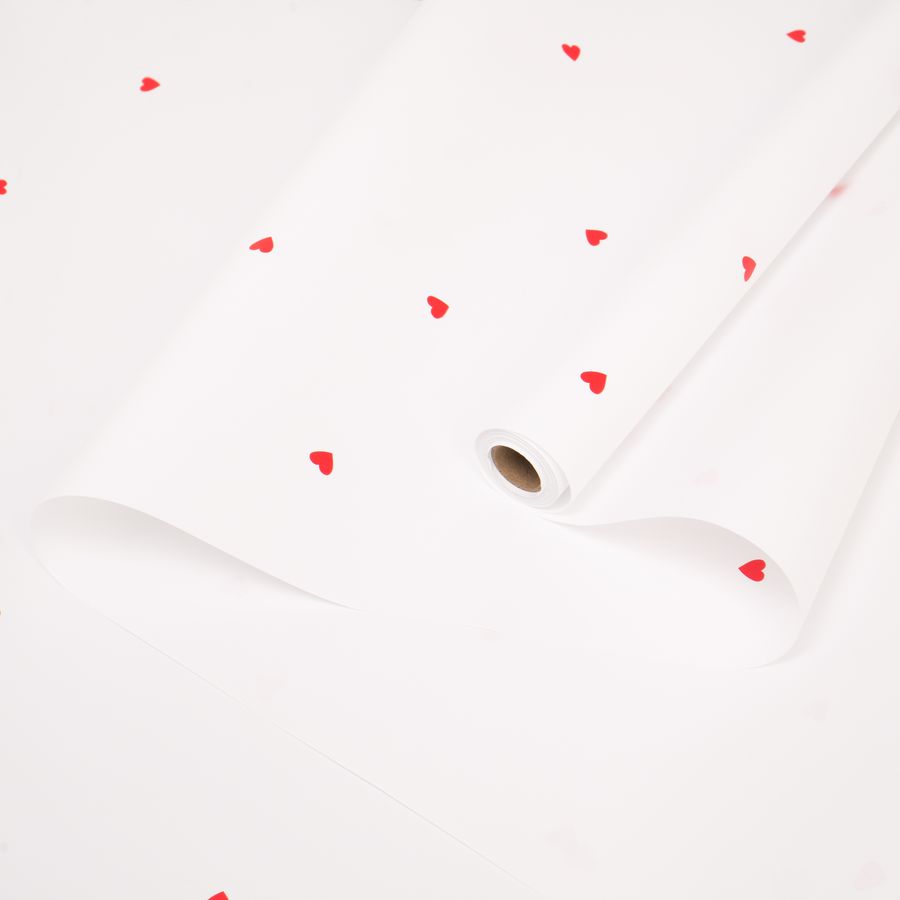 Упаковочная пленка/для цветов, Матовая двусторонняя, Сердечки, белая с красным, 65 мкм, 0,57*10 м