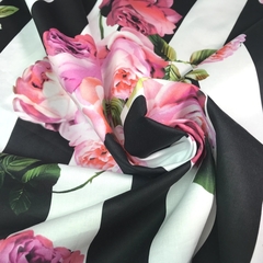 Мерный лоскут 1,4 м хлопок сатин  с эластаном розы и полоска 2078