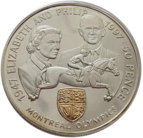50 пенсов. Принц Филипп и королева Елизавета II - Монреаль Олимпиада. Остров Вознесения. 1997 год