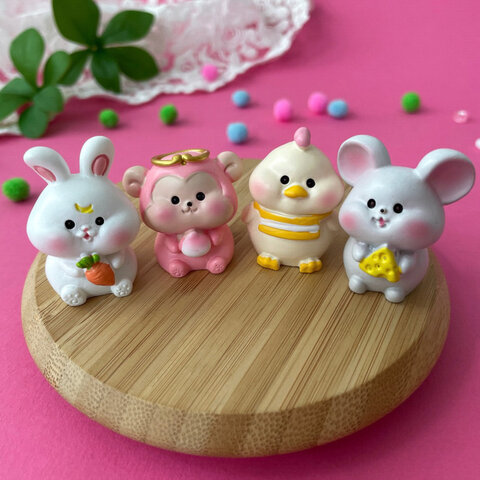 Животные, мышь, кролик, утка, обезьяна, фигурки декоративные, кукольные миниатюры, набор 4 шт микс.