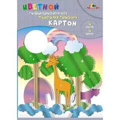 
          Картон цветной Апплика, А4, гофрированный перламутровый, 4 листа, 4 цвета, картонная папка, "Жираф"