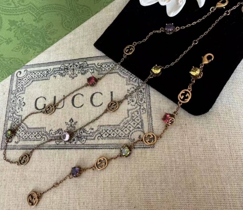 Комплект украшений колье-цепочка + браслет с цветными камнями style by GUCCI
