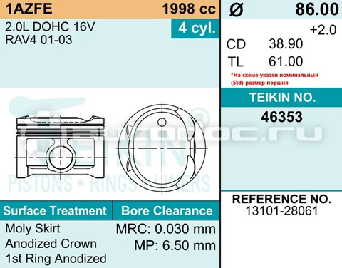Поршень двигателя TEIKIN 46353 0.50 (4шт/упак)