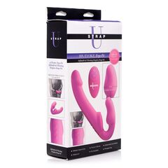 Розовый безремневой страпон с вибрацией и функцией расширения Inflatable Ergo-Fit Strapless Strap-On - 
