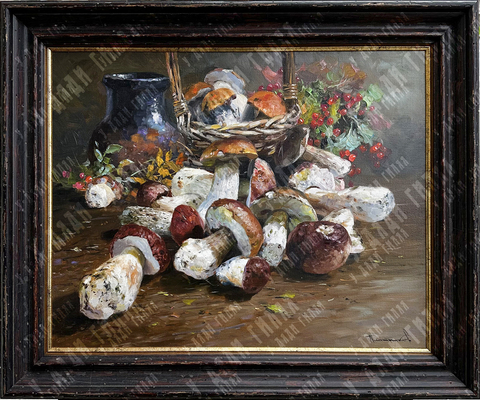 Плотников В. В. Натюрморт с белыми грибами и брусникой. Холст, масло. 2022 г.