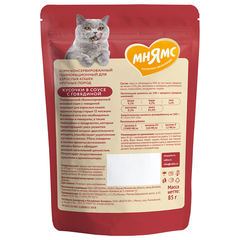 Влажный корм Мнямс На каждый день Кусочки в соусе с говядиной для крупных кошек 85 г