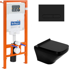 BelBagno BB3201CHR-MB/BB3201SC-MB/BB002-80/BB007-PR-NERO.M Комплект 4 в 1 Унитаз подвесной BelBagno SELA BB3201CHR-MB с сиденьем BB3201SC-MB + Система инсталляции для унитазов BelBagno BB002-80 с кнопкой смыва фото