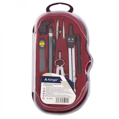 
          Готовальня Alingar, 9 предметов, метал.циркуль,мех.карандаш,рейсфедер.вст.,удлинитель,точечн.насадка,кронциркуль,универ.дерпластик. футляр, европодвес