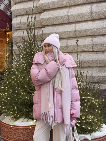 Пуховик Рокет миди розовый в полоску