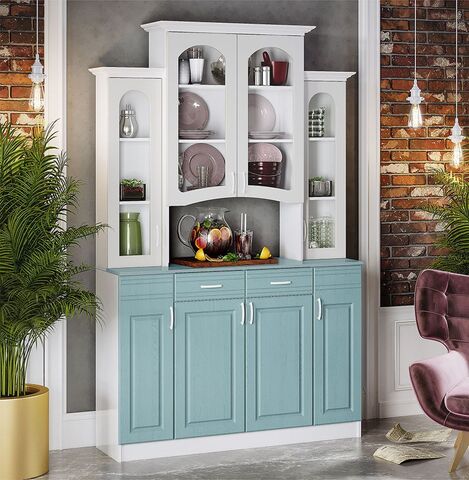 Буфет 4-х створчатый Констанция (Белый матовый/Голубой, Белый)