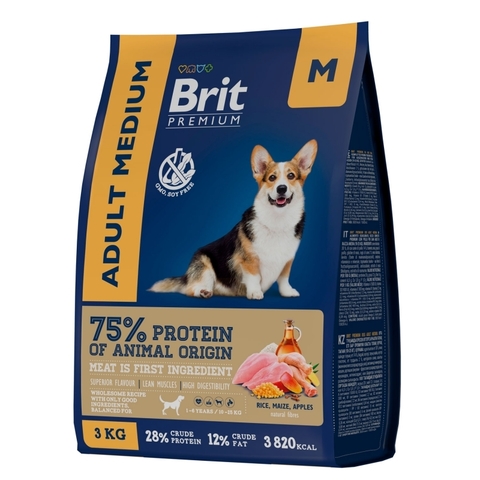 Brit Premium Dog Adult Medium с курицей для взрослых собак средних пород (10–25 кг), 3 кг