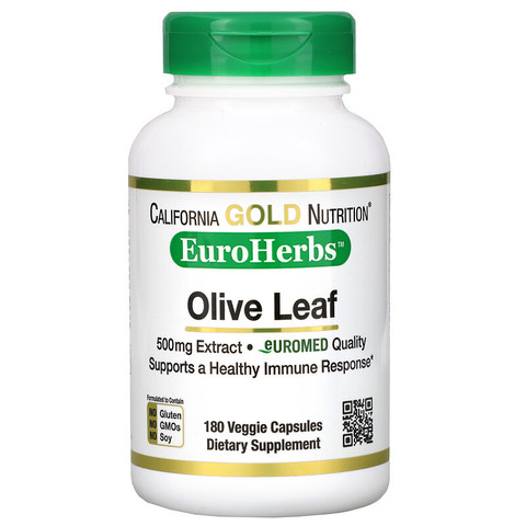 California Gold Nutrition, EuroHerbs, экстракт листьев оливкового дерева, европейское качество, 500 мг, 180 растительных капсул