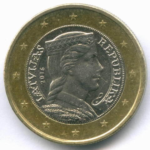 1 евро 2016 год. Латвия. Регулярный выпуск. Биметалл XF-AU
