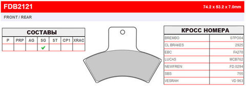 FDB2121SG Тормозные колодки дисковые MOTO, блистер 2 шт