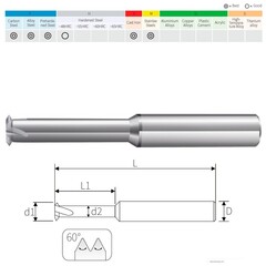 Резьбофреза М 1,0х0,25 (1-витк., UNI) 2,5xD 48Hrc AlCrN 2F 60° 4х50мм BSKT BSE001S003