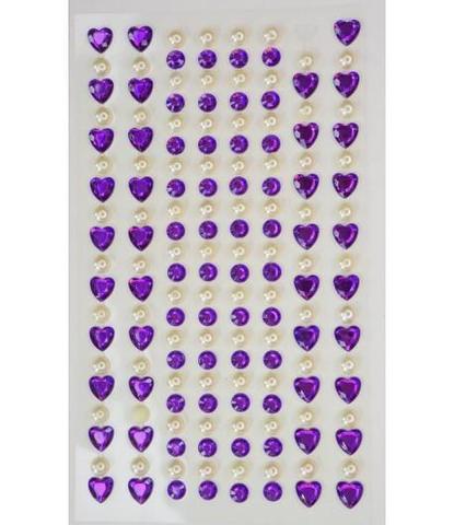 Стразы самоклеющиеся сердечки+жемчуг фиолетовые 152 шт