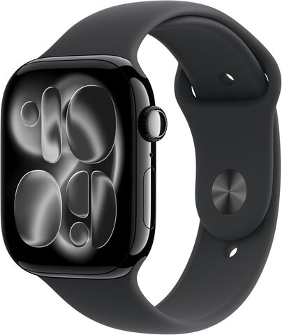 Умные часы Apple Watch Series 11 46 мм из алюминия цвета «чёрный глянец», спортивный ремешок черного цвета (S/M)