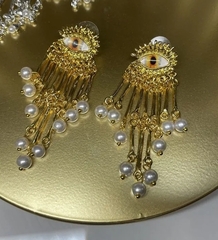 73344- Серьги YELLOW EYE в стиле Schiaparelli с подвесками из речного жемчуга